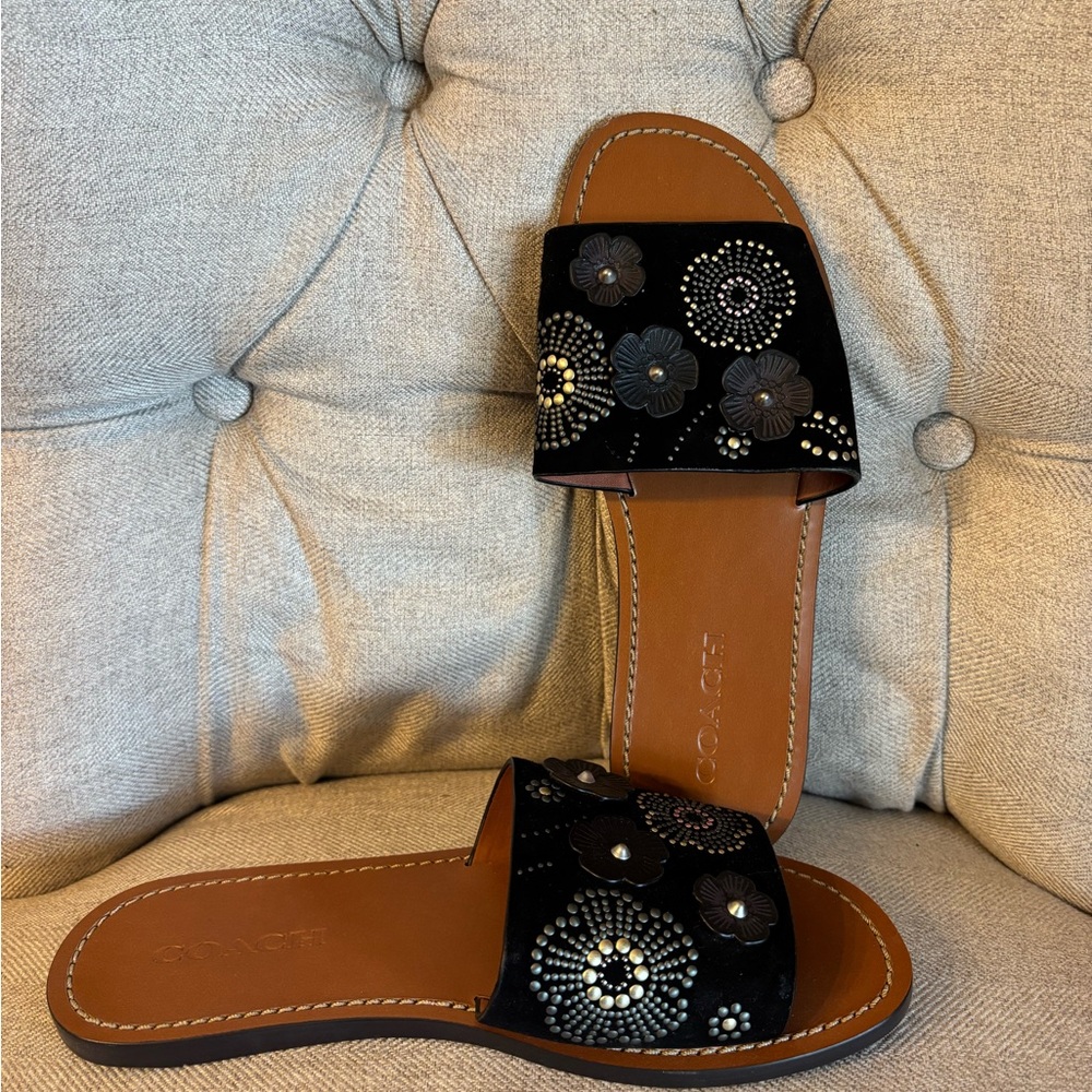 Coach Black Embroidered Slide Sandals